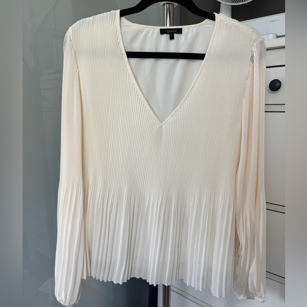 Quince Chiffon Pleated V-Neck Blouse - white/ivory